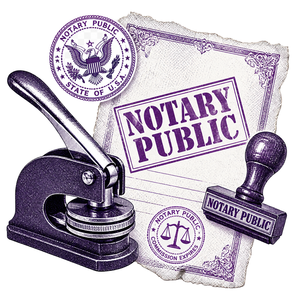 Duotone collage of notary embosser, rubber stamp, and torn certificate